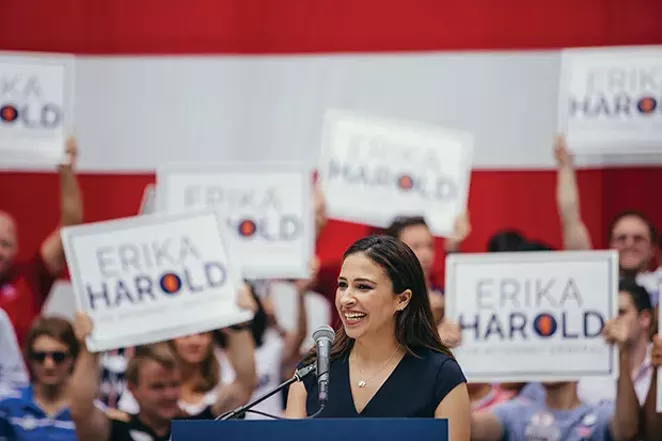 Erika Harold speaks on Governor’s Day at the state fair in August. - PHOTO COURTESY CITIZENS FOR ERIKA HAROLD