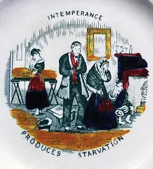 An artifact from the early phase of the temperance movement in America. On this c. 1840s plate, an illustration taken from George Cruikshank’s “The Bottle” shows a family with alcoholic parents whose infant has died of starvation and wh - PHOTO COURTESY OF DANNYL DOLDER, ILLINOIS STATE MUSEUM.