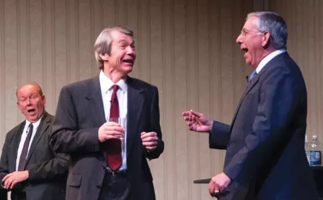 Rich McCoy, left, as Gerald Ford, Chuck McCue as Ronald Reagan and Tom Lawton as George H.W. Bush in Five Presidents. - PHOTO BY CHRIS WILLS.