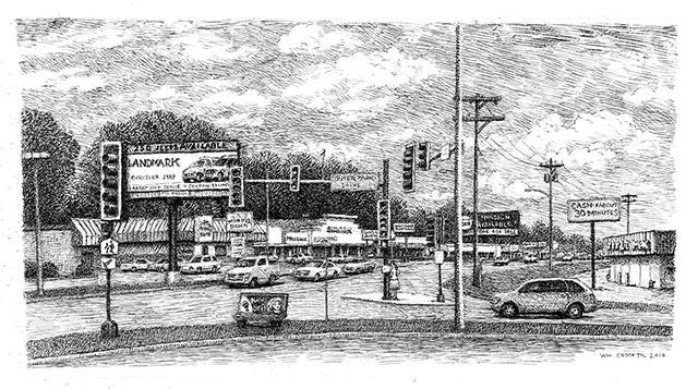 The intersection of MacArthur Boulevard and Outer Park Drive, as captured by William Crook, a longtime resident of the MacArthur area who is known for his pen-and-ink drawings of Springfield scenes. - ARTWORK BY WILLIAM CROOK