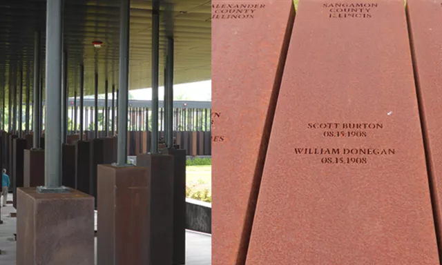 Left: More than 800 hanging steel monuments are part of the National Memorial for Peace and Justice in Montgomery, Alabama. Each monument lists the name of lynching victims from counties throughout the United States. Right: Sangamon County's two 1908 lync - PHOTOS BY BRENT BOHLEN