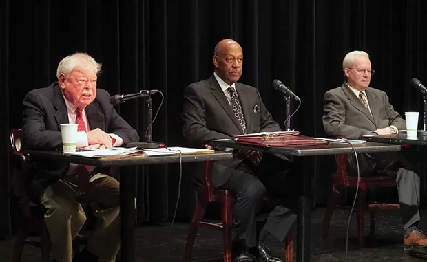Jack Pfeiffer, left, Allan Woodson, center, and Thomas Kernins tell a Citizens Club audience that Springfield School District 186 needs to change its ways. - PHOTO BY LEE MILNER