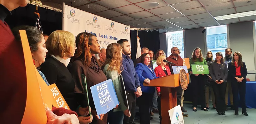 Sen. Cristina Castro, D-Elgin, speaks during an event in support of the Clean Energy Jobs Act on Tuesday at the James R. Thompson Center in Chicago. Castro is CEJA’s Senate sponsor. - PHOTO COURTESY ILLINOIS CLEAN JOBS COALITION ON TWITTER