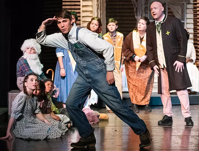 Trickster Jack (Adam Schnell) slams out a tall tale in Beyond the Beanstalk: You Don’t Know Jack! at the Hoogland through Sunday. - PHOTO BY RT MCDONALD