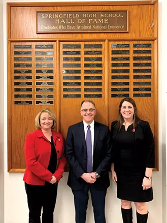 2020 SHS Hall of Fame recipient Michael Vasconcelles with Jennifer Gill, superintendent of District 186 (left), and Lisa Leardi, principal of Springfield High School. The Hall of Fame award is presented annually to a graduate of SHS who has achieved national eminence and graduated more than 25 years ago. - PHOTO BY KAREN WITTER