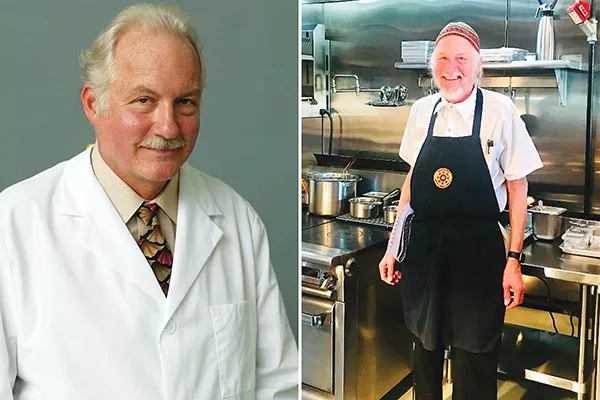 Left: Peter Glatz, shown here in 1995, was a dentist for - 43 years. - Right: Peter Glatz on his first day on the - job at Oklahoma City’s Nonesuch restaurant last year. - PHOTO BY MICHAEL ROBERTS AND ANN SHAFFER GLATZ