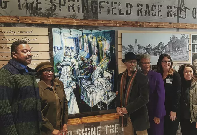 rtist Preston Jackson’s depiction of care being given at St. John’s - Hospital to victims of the 1908 Springfield race riot, a project of the African American History Museum and HSHS St. John’s Hospital. From left to right are Ken Page, Patricia Harris, Preston Jackson, Nell Clay, Catie Sheehan and Erica Johnson. - PHOTO COURTESY NELL CLAY