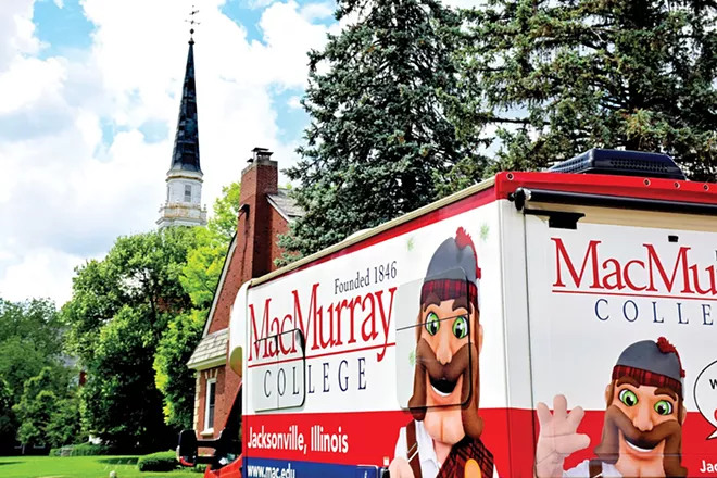 The promotional RV that had been used to try and drum up support and enrollment across the country now sits idle on the MacMurray College campus. - PHOTO BY DAVID BLANCHETTE