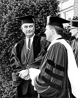 Vice President Lyndon Johnson and - MacMurray President Gordon Michaelson on June 2, 1963, when Johnson received an honorary degree. - PHOTO COURTESY MAC MURRAY COLLEGE.