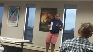 Chris Stone, who's been in the pot biz for years, pitches a Pleasant Plains grow operation to a skeptical audience. - PHOTO BY BRUCE RUSHTON