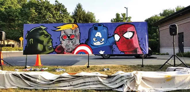 Marvel character mural spray painted as a live exposition in front of the Athens Municipal Library for a back-to-school event hosted by the library and #REKSERVICES on Aug. 24, 2020. Features Incredible Hulk, Star Lord, Lego Captain America, Spiderman.