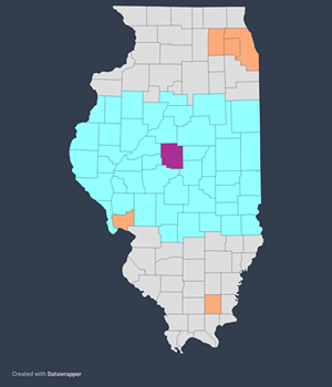 Orange: IDJJ Illinois Youth Centers - Blue: IDJJ Central IL Counties - Purple: Illinois Youth Center- Lincoln (projected 2023) - INFORMATION: IDJJ/ IMAGE: MADISON ANGELL