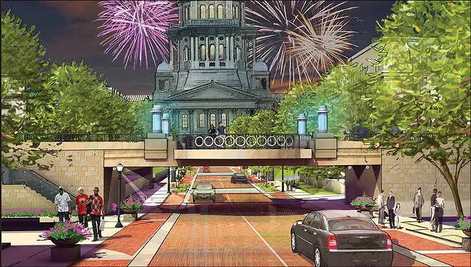 A Capitol Avenue train trestle, above, would be converted to a plaza under a plan drawn up a decade ago.