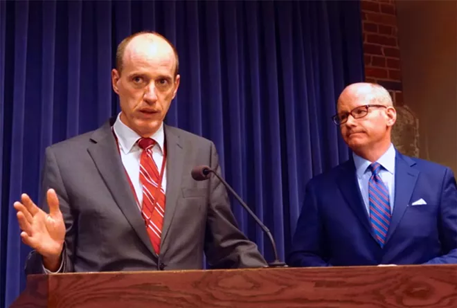 State Sen. Bill Cunningham, D-Chicago, and Senate President Don Harmon, D-Oak Park, speak at a news conference Tuesday night after the chamber failed to bring an energy overhaul bill for a vote. They said they expect a vote to happen sometime this summer as negotiations continue. - HOTO BY PETER HANCOCK/ CAPITOL NEWS ILLINOIS
