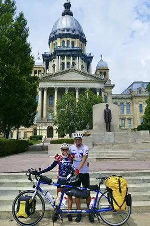 Vickie Wilson and Dan Reagin with their tandem bicycle enroute from Flagstaff to Chicago on Tour de Route 66.