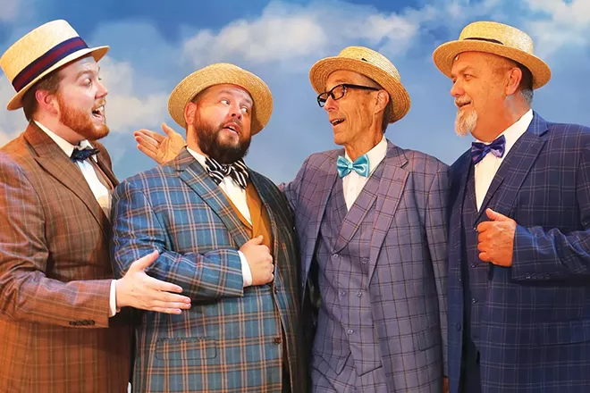 From conflict to friendship. The contentious members of the River City, Iowa, school board, make harmony together from The Legacy Theatre’s The Music Man. From L to R: Ewart Dunlap (tenor Evan Rumler), Jacey Squires (tenor Greg Runyard), Olivier Hix (baritone Dennis Darling) and Olin Britt (bass Mark Anderson). - PHOTO BY LAURA KAY COFFEY