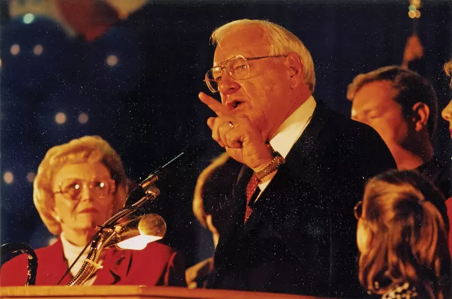 Gov. George Ryan addresses a crowd while his wife, Lura Lynn, looks on. - PHOTO COURTESY ABRAHAM LINCOLN PRESIDENTIAL LIBRARY.