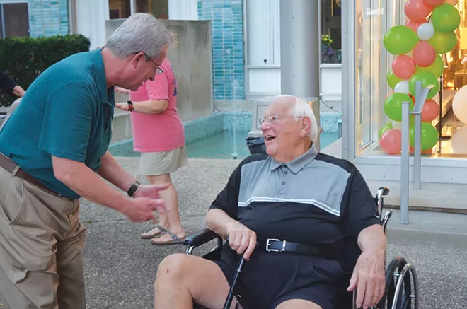 Former press secretary Dave Urbanek and former Gov. George Ryan reminisce during Ryan's recent book signing in Springfield. - PHOTO BY DAVID BLANCHETTE.
