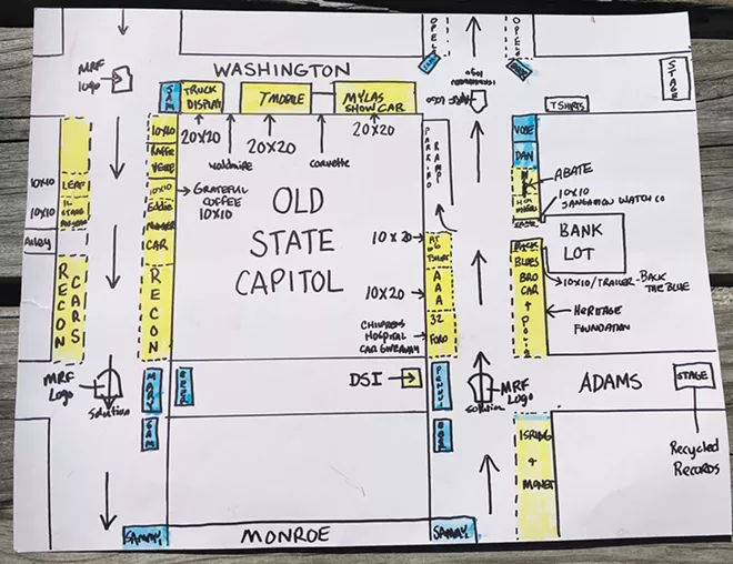 A work-in-progress map of the car show layout drawn by “Coop” from information provided by “Shaner.”