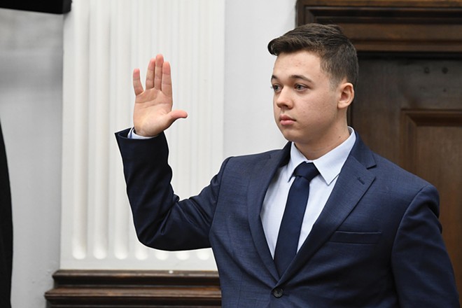 Kyle Rittenhouse is sworn in to testify during his trial at the Kenosha County Courthouse on Nov. 10, 2021, in Kenosha, Wisconsin. - PHOTO BY MARK HERTZBERG/POOL/GETTY IMAGES/TNS