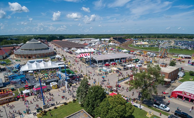 The 2021 Illinois State Fair, looking out at the Coliseum on the left. Further down and to the right are the 25 Series Barns. On the far right is the Grandstand and track. - COURTESY ILLINOIS DEPT. OF AGRICULTURE