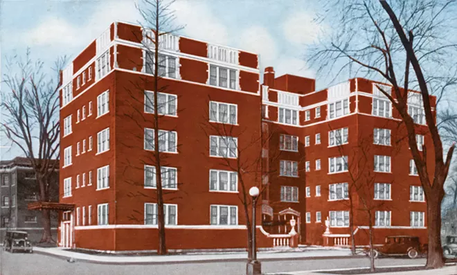 A 1930s postcard of the Hickox Apartments, built by developer Harris Hickox in the 1920s. The buildings are now listed on the National Register of Historic Places. John Sharp’s parents bought the complex in 1962; Sharp has operated it since 1991. There are 102 units, either a one-bedroom ($550-$600 a month) or studio ($450). Most units include utilities in the rent. There are four buildings with eight addresses; the buildings are attached but one cannot go from one to the other inside. During the walk with Buzz Hatcher, a resident was walking her dog. She commented that the apartments are nice and quiet and pets are allowed. - CREDIT: SANGAMON VALLEY COLLECTION