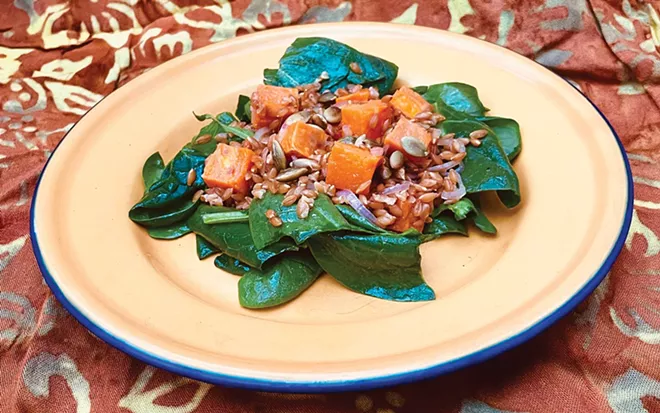 Roasted Sweet Potato Salad with Farro, Pickled Shallots, and Pumpkin Seeds - CREDIT: ANN SHAFFER GLATZ