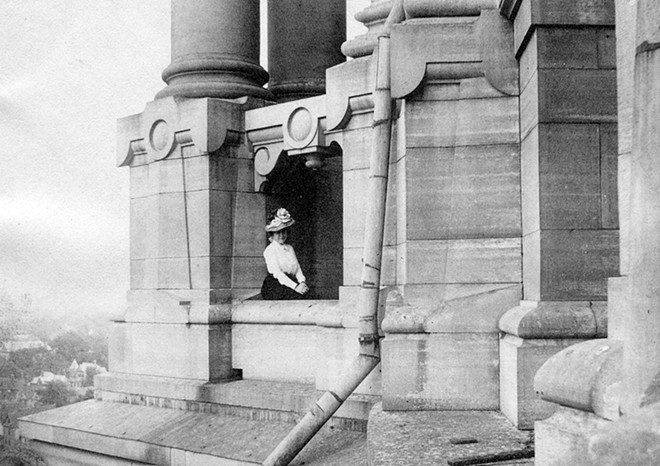 A woman named Bessie looks out on Springfield from a perch below the dome circa 1900.  Finnigan writes: "This is among the world's greatest domes, the tallest in American upon its completion, and still today among the tallest in the world at 330 feet to the base of the flagpole."