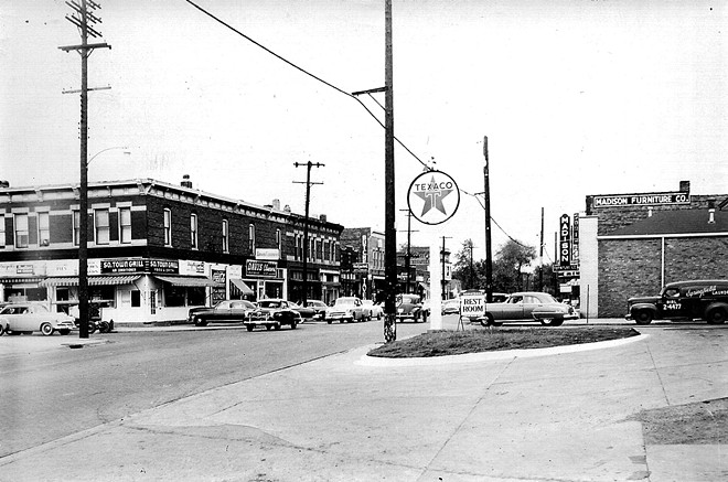 Looking east across the intersection of 11th and South Grand, Southtown was a busy district in 1954. The “air conditioned” South Town Grill was a popular hangout. - COURTESY SANGAMON VALLEY COLLECTION