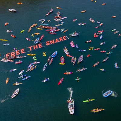 Citizens from the Pacific Northwest show support for breaching the four lower Snake River dams. The photo was taken Sept. 9 by Mike Beiser on the Lower Snake River.