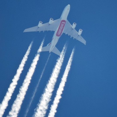 UAE flight 215 over Lewiston, Idaho. Taken 5/22/2017 by Jay Armstrong. Flight originated in Dubai and completes its journey in Los Angeles.