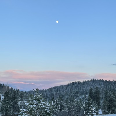 At sunset on Thursday 14 April 2022, an almost full moon is ready to shine on two fresh inches of snow.  The scene looks East from Moscow towards Troy.
By Karen Purtee