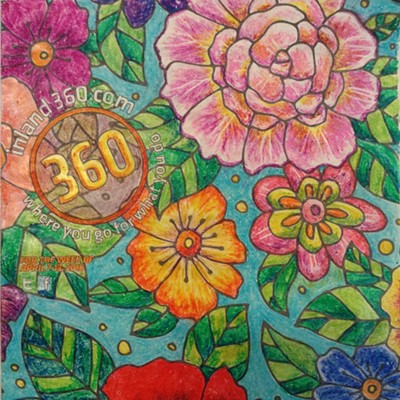 April 7: Color Me Posh - Marisa Gibler
    Floral cover art colored in Moscow, Idaho with crayons on Tuesday April 12 by Marisa (age 33). Pushed too hard- lots of broken crayons. Oops! I got my copy (plus 2 more for my kids to color) of the Inland 360 at Rosauers.