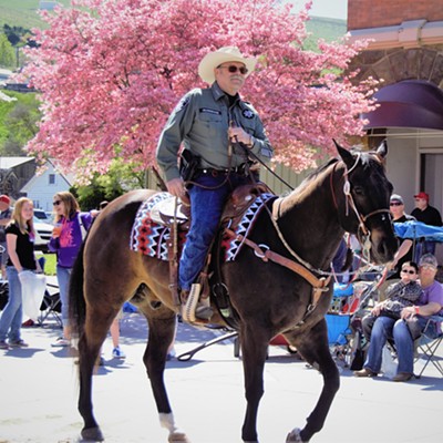 Asotin County Sheriff John Hilderbrand riding on his horse in the Asotin County Parade, April 30, 2017. Photo taken by Mary Hayward of Clarkston.