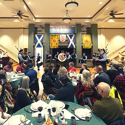 After a two year hiatus, the Border Highlanders Pipes & Drums perform for an attentive audience on January 28 at their annual Burns Supper, a festive celebration of the life and poetry of Robert Burns, held in Moscow's 1912 Center. 
In existence since 1974, the band is comprised of musicians from throughout the Palouse region, under the direction of Pipe Major Ben Hunter.