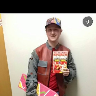 Corey Kleer-Larson celebrated Marty McFly's trip "Back to the Future" by dressing like his favorite silver screen time traveler. Note the iconic tie-dyed cap, self-tying sneakers and "hoverboard." Back to the Future fans know that Marty fast forwarded from 1985 to October 21, 2015 to rein in his out-of-control kids.