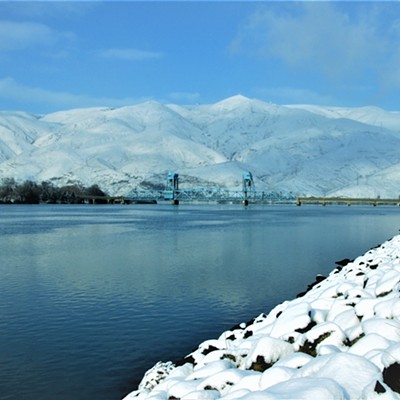 On December 29, 2021 I took this shot of the blue bridge and the hill covered in snow.