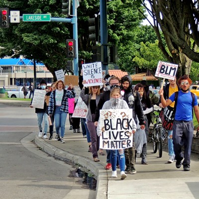 This photo of the Black Lives Matter protest near Independence Point in Coeur d'Alene was taken by Leif Hoffmann (Clarkston, WA) on June 6, 2020 while visiting the town.  Protests took place all over the country that day.