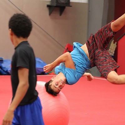 Brayden Hoyt, 14, of Lewiston practicing some bouncing flips at Camp 360 at 360 Gymnastics in Clarkston. Photo by Jennie Fiske on Aug. 3, 2017.