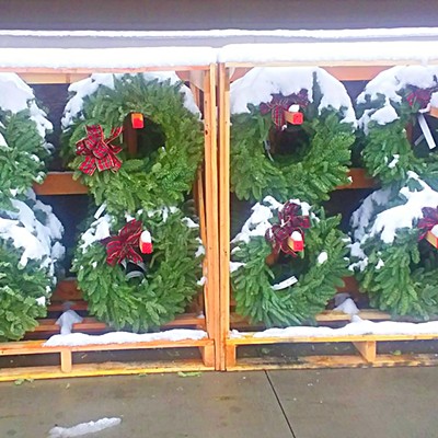 Christmas wreaths at WinCo foods have a bonus snowy touch. Taken by Dan Aeling Saturday Dec. 16 Lewiston, Idaho.