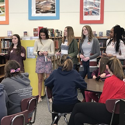 Participants for the Distinguished Young Women of Moscow program speak to students at Moscow Middle School about the program and its "Be Your Best Self" attributes. About 70 students came to hear the presentation. Participants this year are Sarah Greenwalt, Audrey Bales, Claire Qualls, Sophia Mangini and Tosin Bangudu. Moscow's program will be held on March 23, 2019 at 7 pm at Moscow High School.
    
    Photo taken February 20, 2019 by Tami Hanson