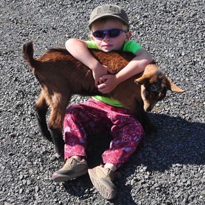 Photo taken 5-10-15 by Gail Craig. This is my grandson Eli Craig, age 4 of Peck, Idaho. He is holding one of his favorite tag alongs, Popper. Eli has two little goat companions. He came up with the names of Popper and Salter all on his own.