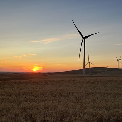 Field of wheat near Steptoe being guarded by wind turbines watching the sunset, taken 7-27-2109 by Matt Klarich. Location is near intersection of Trestle Creek Road and Shahan Road west of Oakesdale.