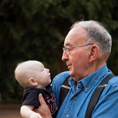 Donald Wilson, 80, longtime resident of Lewiston, getting acquainted with his youngest great grandson, Dylan Conklin, 4 months. &nbsp;Dylan's parents are Harley and Ashley Conklin of Uniontown, Washington. Photo taken by Julie Main on Aug. 7 in Lewiston.