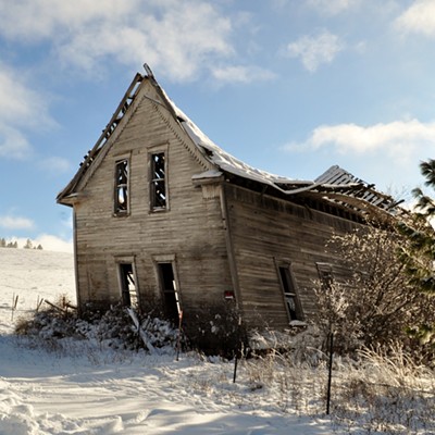 The Gold Hill School House is located across the road from the Gold Hill Church, about 12 miles northeast of Kendrick. I last saw both the church and school,  on 12/31/2012. Time and lack care caused the school to become deteriorated. The school house was built in 1903 and used until 1952. Students were then bused to Kendrick and Juliaetta.  Photo by Jerry Cunnington.
