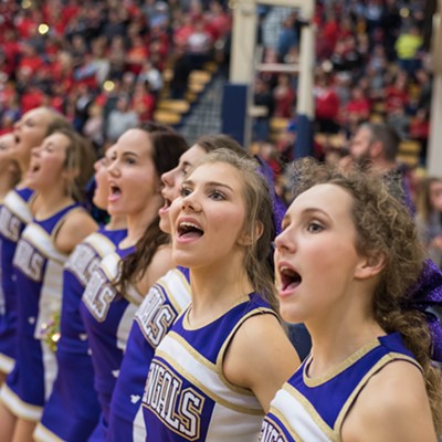 Lewiston High School cheerleaders excite the crowd at the annual Golden Throne basketball games between Clarkston and Lewiston. Photo taken at the LCSC activity center on Friday, Jan. 27, by Max Moore.