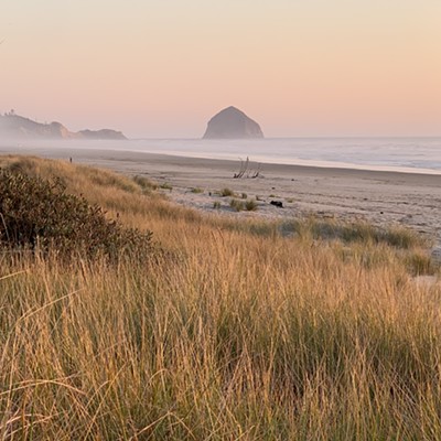 A sunset view of Haystack Rock off Cape Kiwanda from Tierra Del Mar Oregon. This Haystack Rock is actually taller than the one at Cannon beach! Taken at sunset on September 21, 2023.