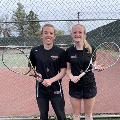 On May, 13, 2022, Moscow High tennis players Sammie Unger, right, and Ellis Jaeckel defeated Maddie Harsh and Bo Wilding of Lakeland High School in the mixed doubles championship match at the District 4A-Region 1 competition. Unger and Jaeckel advanced to the coming Idaho State Tournament in Boise.