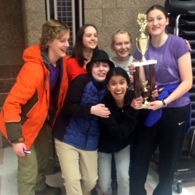 The Moscow High School JV Knowledge Bowl team are the 2015-2016 Inland Northwest Knowledge Bowl champions. They won in a field of 51 teams representing 22 high schools form northern Idaho and eastern Washington on Feb. 1, 2016, at Post Falls High School. Photographed by Nathaniel Falen. Team members include Kieran Northcutt, Ailis Greishaber, Willow Crites, Tia Vierling, Hannah Nielsen, and Ashika Sudheesh.