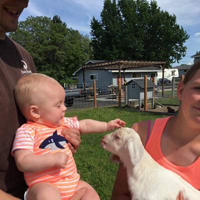 At the time of this photo, taken May 30, 2017, K.J. Callahan (5 months) says hello to Rapunzel the goat (2 weeks) in the Lewiston Orchards. K.J. is the son of Dakota and Lisa Callahan. Dakota is holding him in this photo; Dakota's sister Demi, 12, is holding Rapunzel. Photo by Izzy Callahan, Dakota and Demi's mother (K.J.'s grandma).